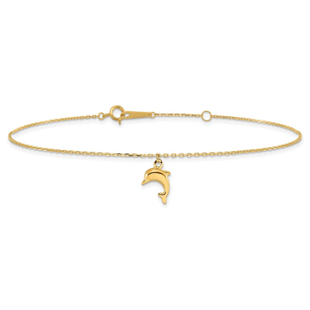 14K Gelbgold Delfin Charm 9 Zoll mit 1 Zoll Verlängerung Fußkettchen