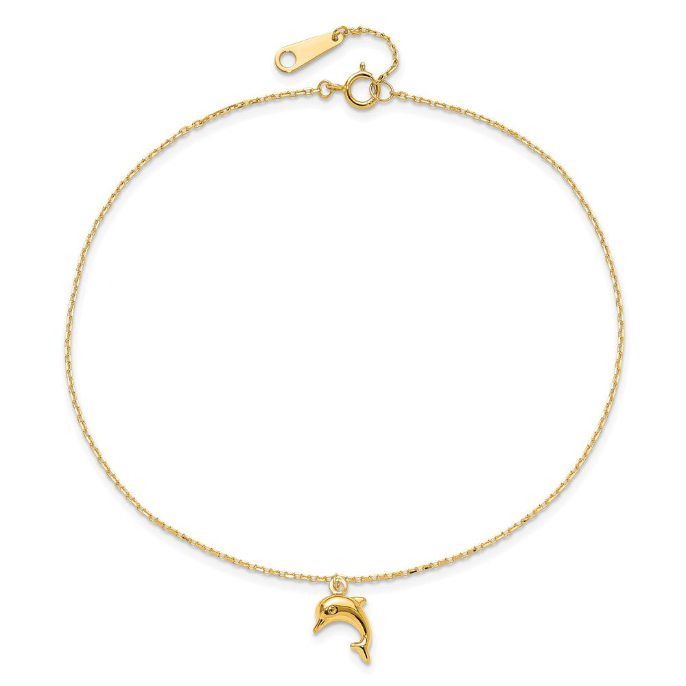 14K Gelbgold Delfin Charm 9 Zoll mit 1 Zoll Verlängerung Fußkettchen