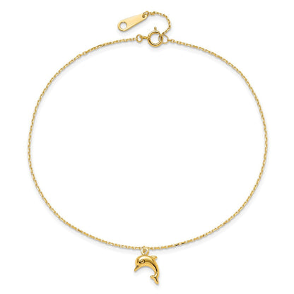14K Gelbgold Delfin Charm 9 Zoll mit 1 Zoll Verlängerung Fußkettchen