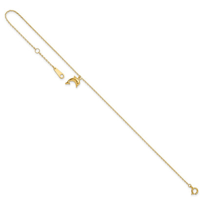 14K Gelbgold Delfin Charm 9 Zoll mit 1 Zoll Verlängerung Fußkettchen