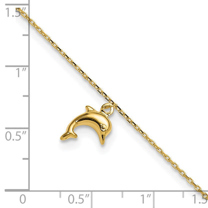 14K Gelbgold Delfin Charm 9 Zoll mit 1 Zoll Verlängerung Fußkettchen