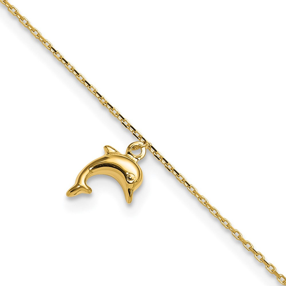 14K Gelbgold Delfin Charm 9 Zoll mit 1 Zoll Verlängerung Fußkettchen