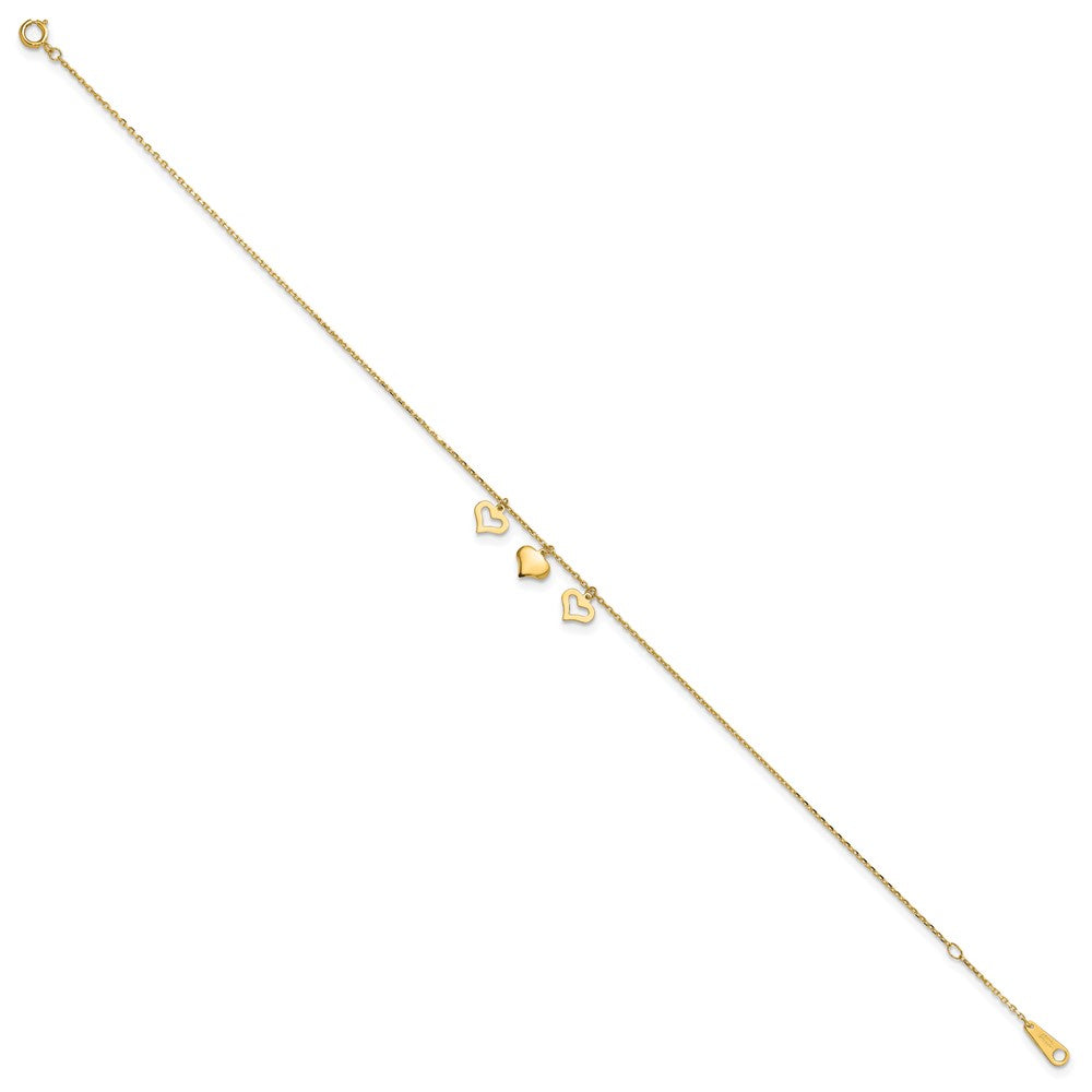 14K Gelbgold 3 Herzen 9 Zoll Plus 1 Zoll Verlängerung Fußkettchen