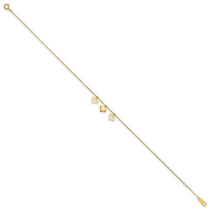 14K Gelbgold 3 Herzen 9 Zoll Plus 1 Zoll Verlängerung Fußkettchen