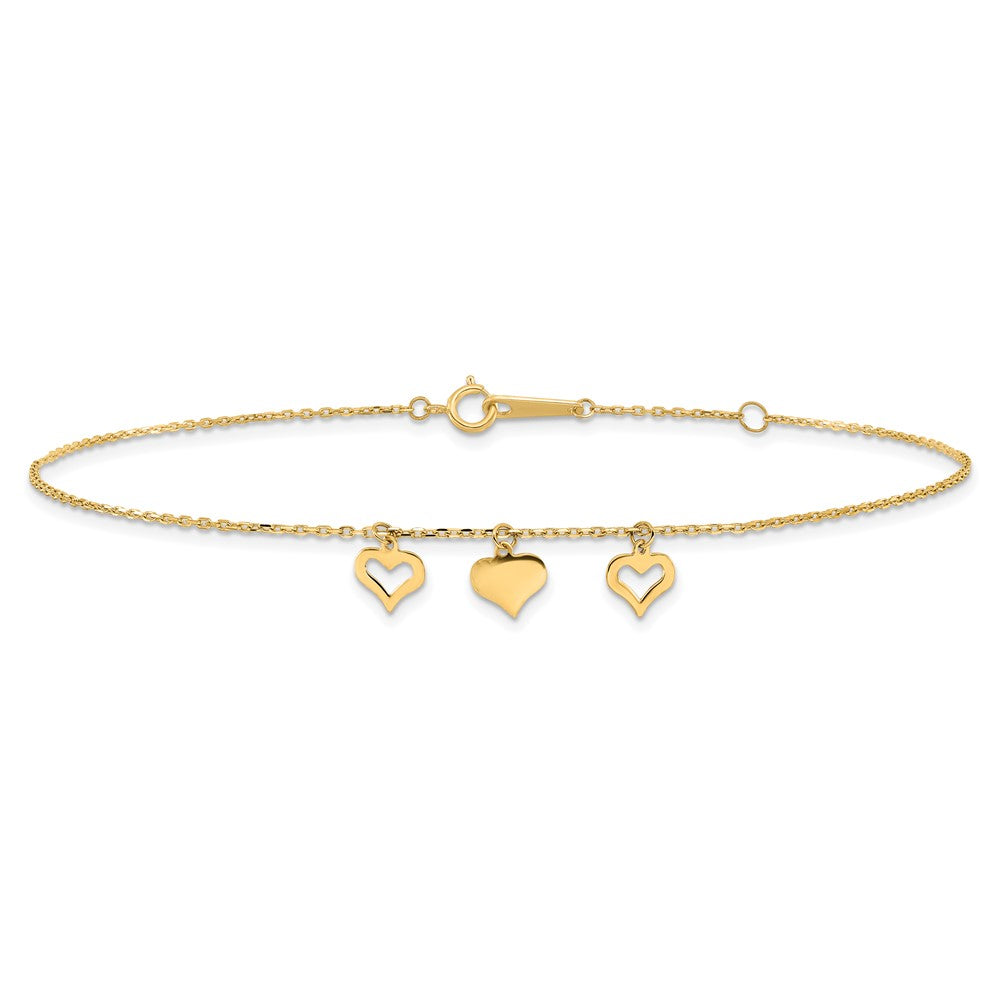 14K Gelbgold 3 Herzen 9 Zoll Plus 1 Zoll Verlängerung Fußkettchen