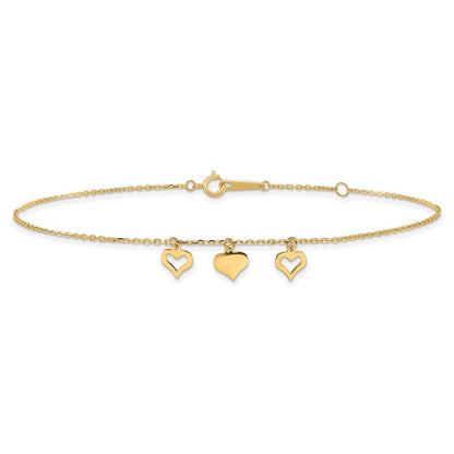 14K Gelbgold 3 Herzen 9 Zoll Plus 1 Zoll Verlängerung Fußkettchen