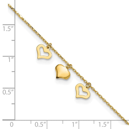 14K Gelbgold 3 Herzen 9 Zoll Plus 1 Zoll Verlängerung Fußkettchen