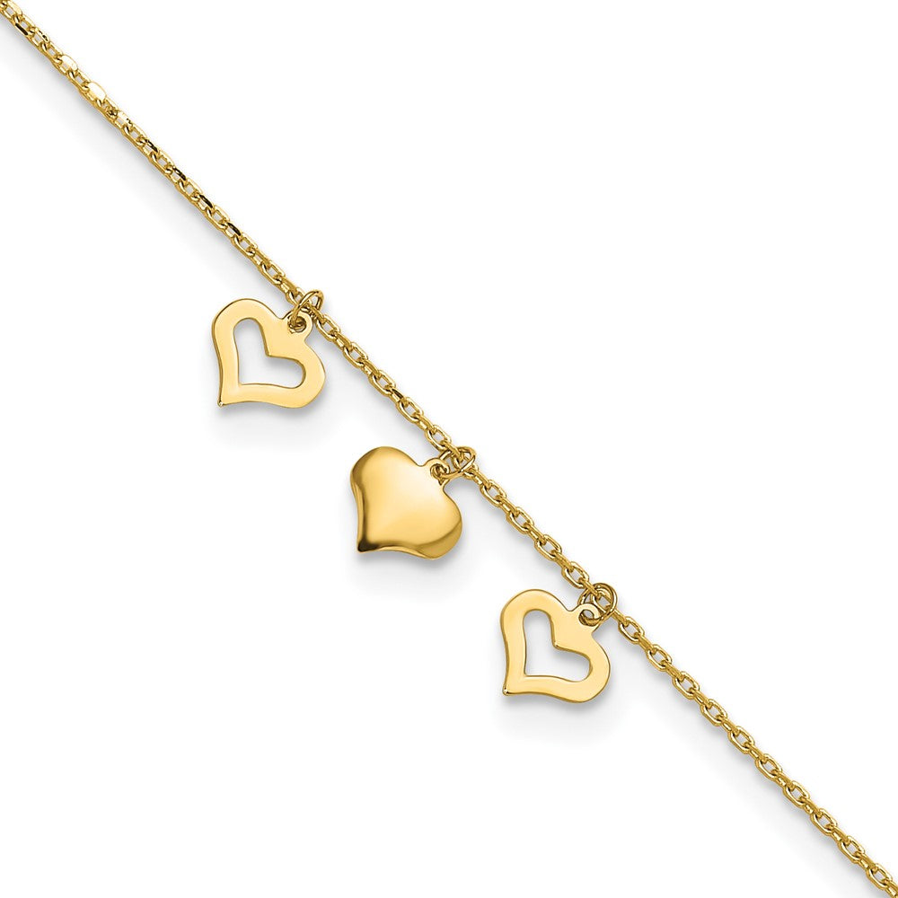 14K Gelbgold 3 Herzen 9 Zoll Plus 1 Zoll Verlängerung Fußkettchen