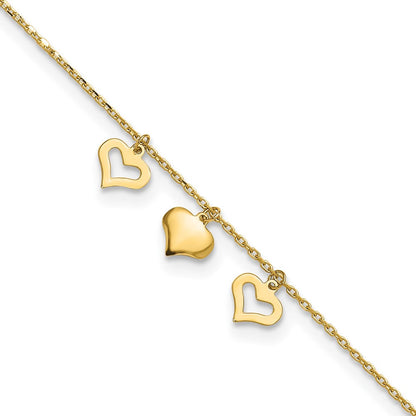 14K Gelbgold 3 Herzen 9 Zoll Plus 1 Zoll Verlängerung Fußkettchen