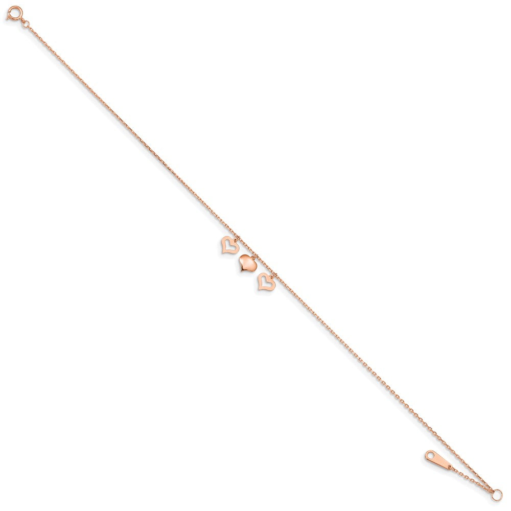 14K Roségold 3 Herzen 9 Zoll Plus 1 Zoll Verlängerung Fußkettchen