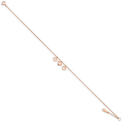 14K Roségold 3 Herzen 9 Zoll Plus 1 Zoll Verlängerung Fußkettchen