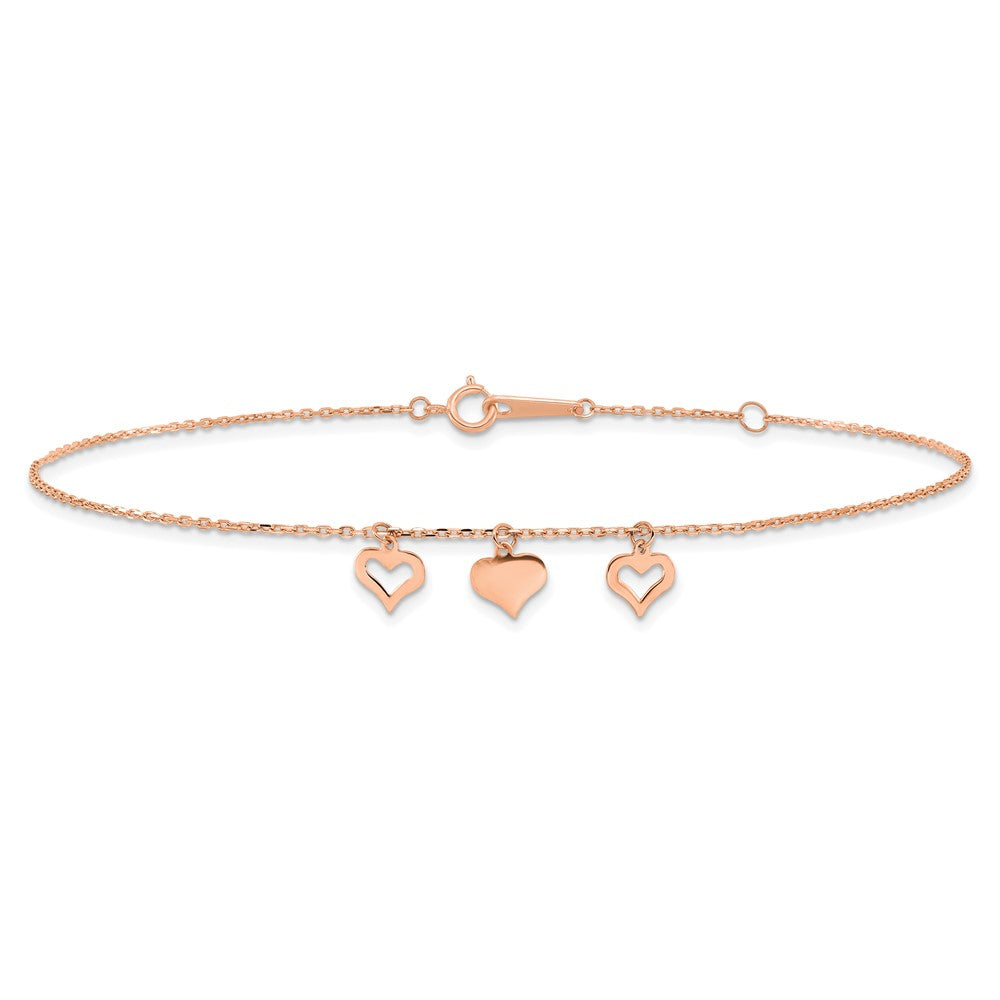 14K Roségold 3 Herzen 9 Zoll Plus 1 Zoll Verlängerung Fußkettchen