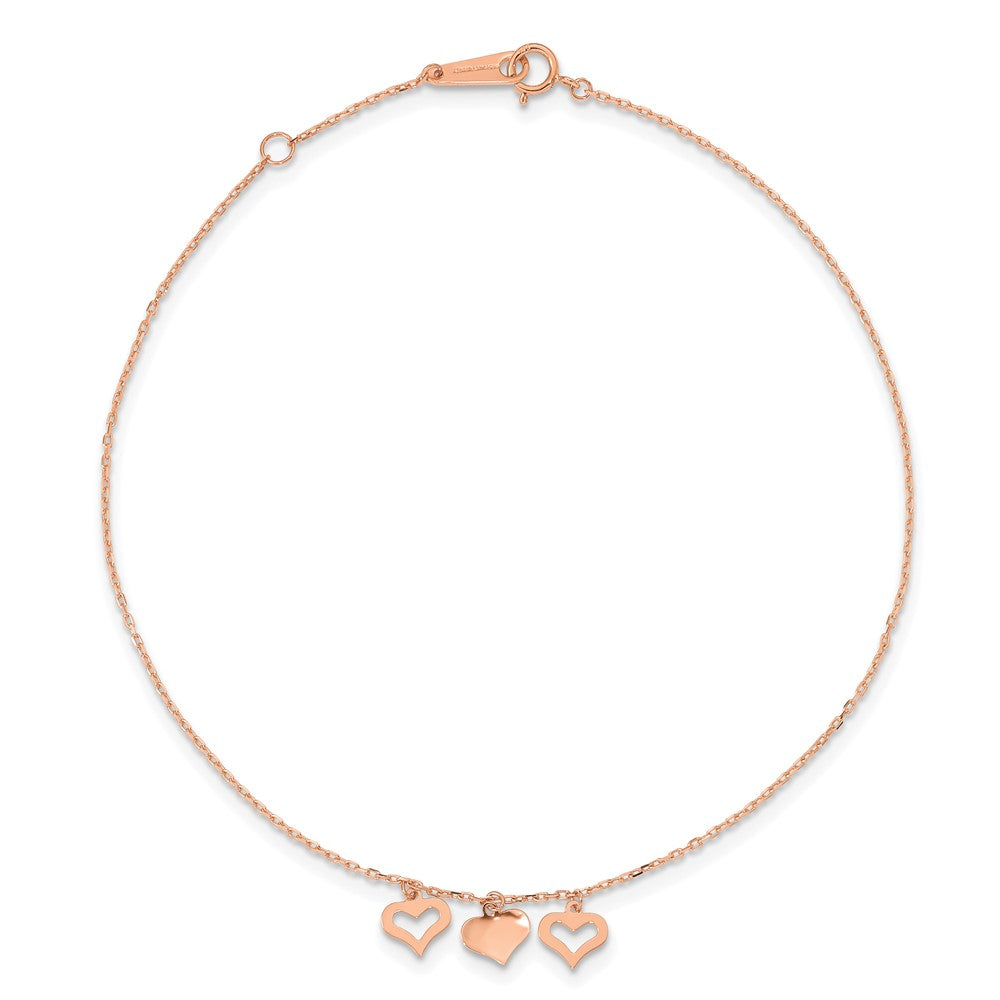 14K Roségold 3 Herzen 9 Zoll Plus 1 Zoll Verlängerung Fußkettchen