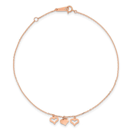 14K Roségold 3 Herzen 9 Zoll Plus 1 Zoll Verlängerung Fußkettchen