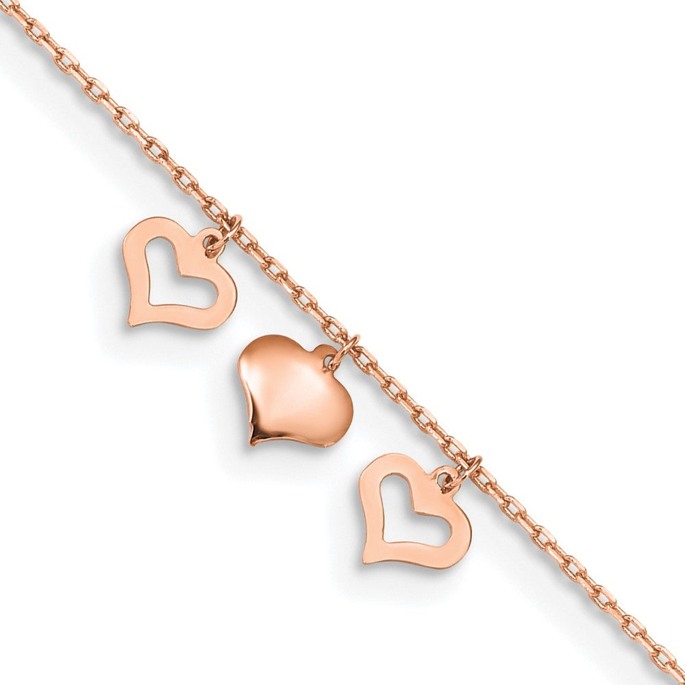 14K Roségold 3 Herzen 9 Zoll Plus 1 Zoll Verlängerung Fußkettchen