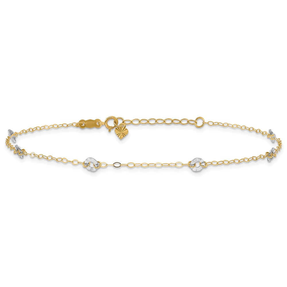 14K Bicolor Oval Kette mit Gewellt Kreise 9 Zoll Plus 1 Zoll Verlängerung Fußkettchen