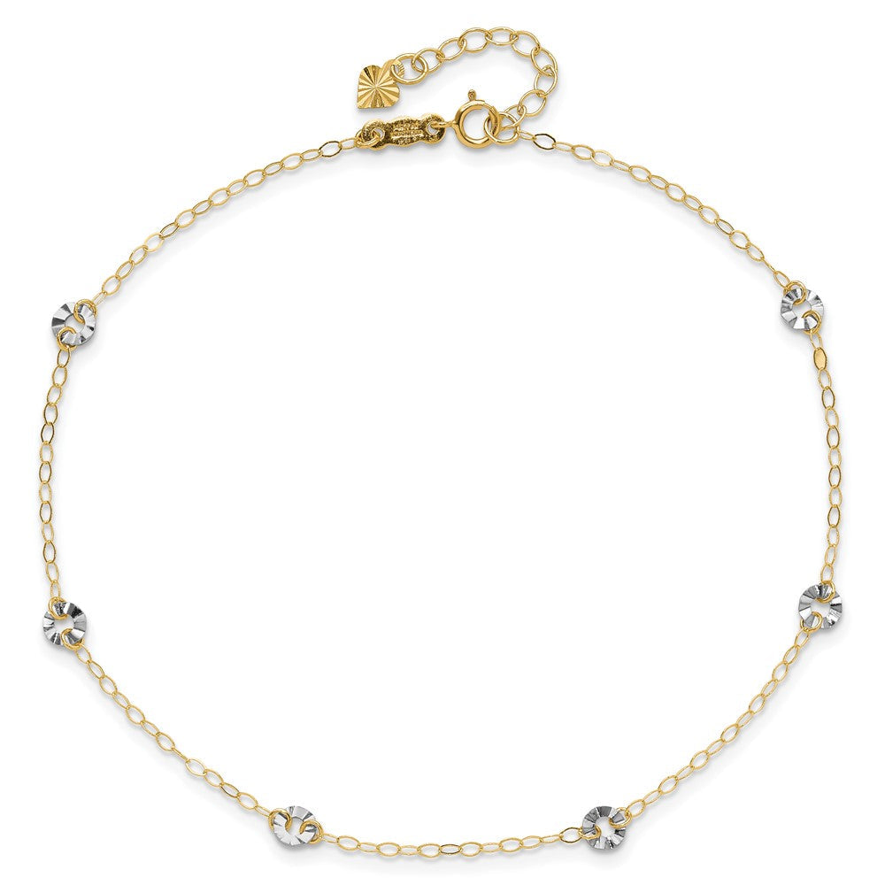 14K Bicolor Oval Kette mit Gewellt Kreise 9 Zoll Plus 1 Zoll Verlängerung Fußkettchen