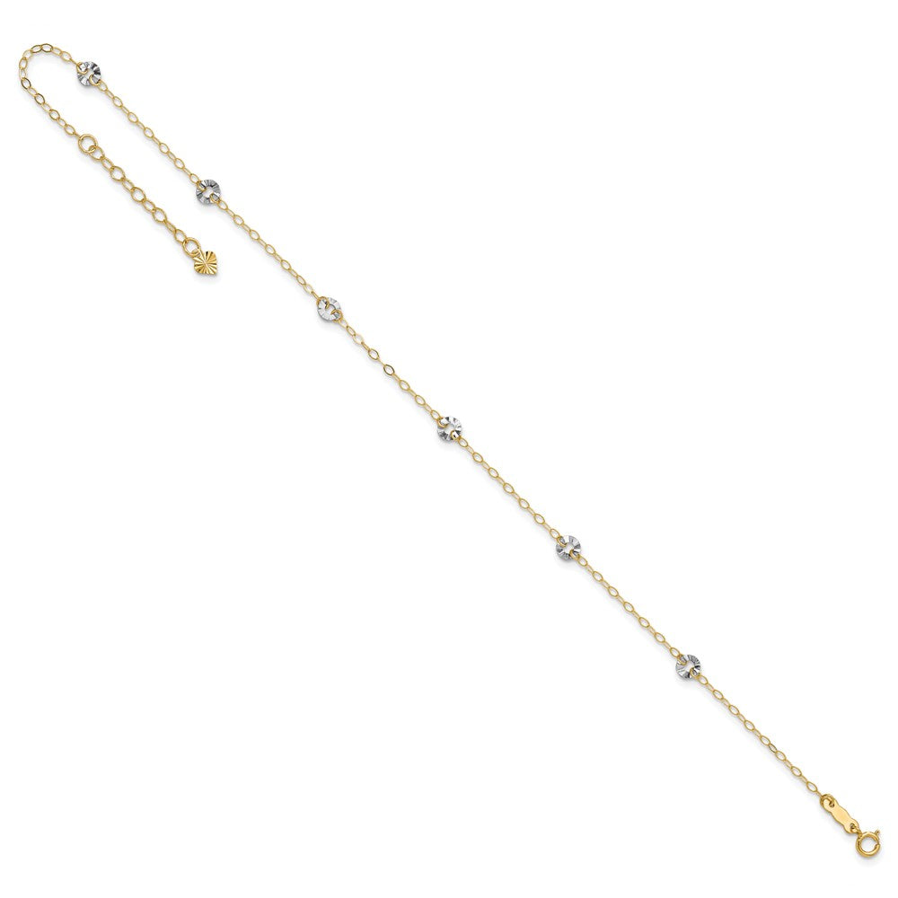 14K Bicolor Oval Kette mit Gewellt Kreise 9 Zoll Plus 1 Zoll Verlängerung Fußkettchen