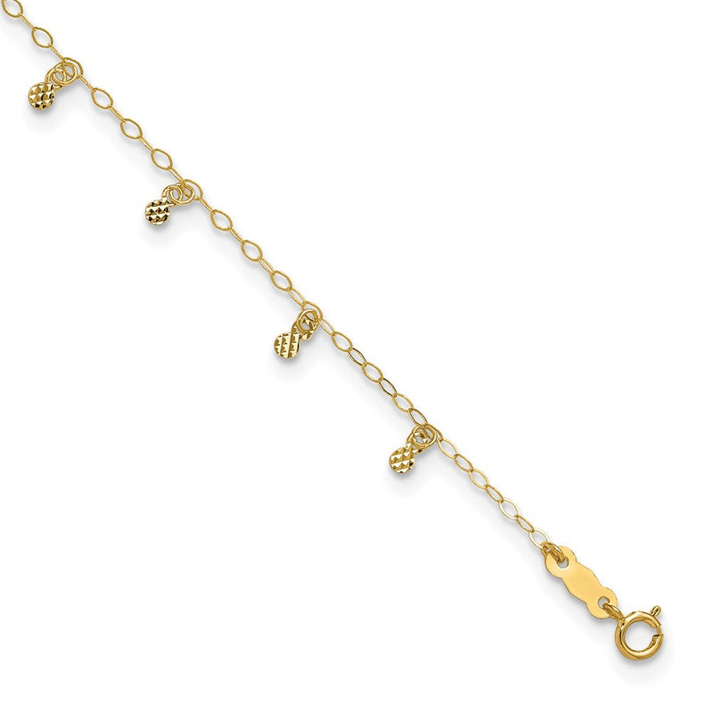 14K Gelbgold Oval Kette Diamantiert Dots 10 Zoll Plus 1 Zoll Verlängerung Fußkettchen