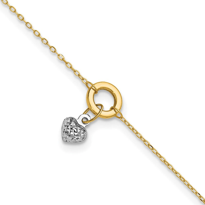 14K Bicolor Kreis mit Diamantiert Puff Herz 9 Zoll Plus 1 Zoll Verlängerung Fußkettchen