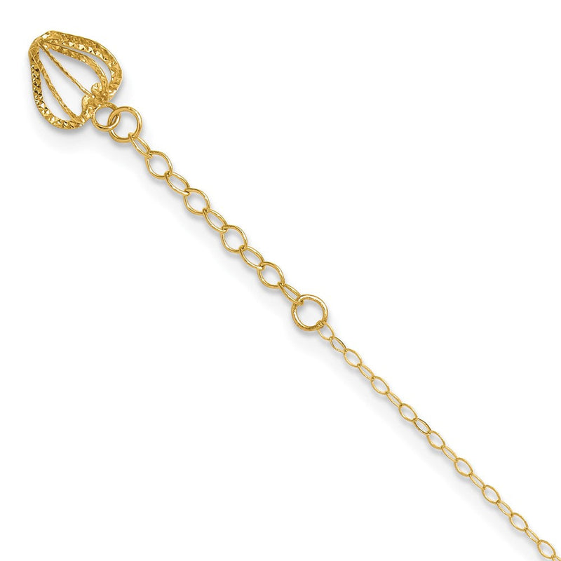 14K Gelbgold Oval Glieder Kette mit Diamantiert Herz Cage 10 Zoll Plus 1 Zoll Verlängerung Fußkettchen