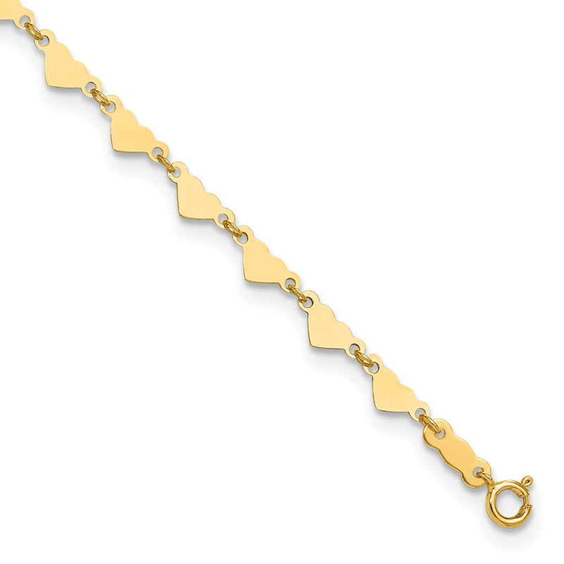 14K Gelbgold Oval Glieder Kette mit Herzen 10 Zoll Plus 1 Zoll Verlängerung Fußkettchen