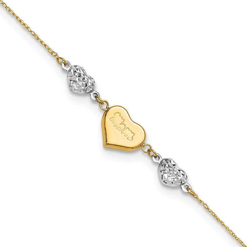 14K Bicolor Diamantiert Gewölbt Herzen Mama 10 Zoll Plus 1 Zoll Verlängerung Fußkettchen