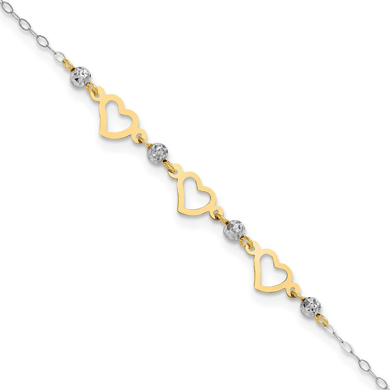 14K Bicolor Oval Glieder Diamantiert Perlen und Herz 10 Zoll Plus 1 Zoll Verlängerung Fußkettchen