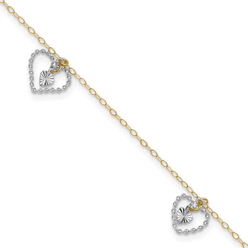 14K Bicolor Gedreht und Diamantiert Herzen 9 Zoll Plus 1 Zoll Verlängerung Fußkettchen