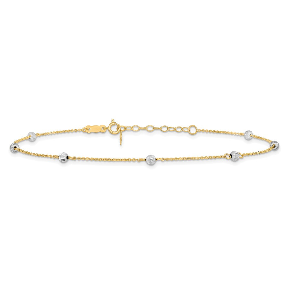 14K Bicolor Diamantiert Perlen 9 Zoll Plus 1 Zoll Verlängerung. Fußkettchen
