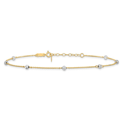 14K Bicolor Diamantiert Perlen 9 Zoll Plus 1 Zoll Verlängerung. Fußkettchen