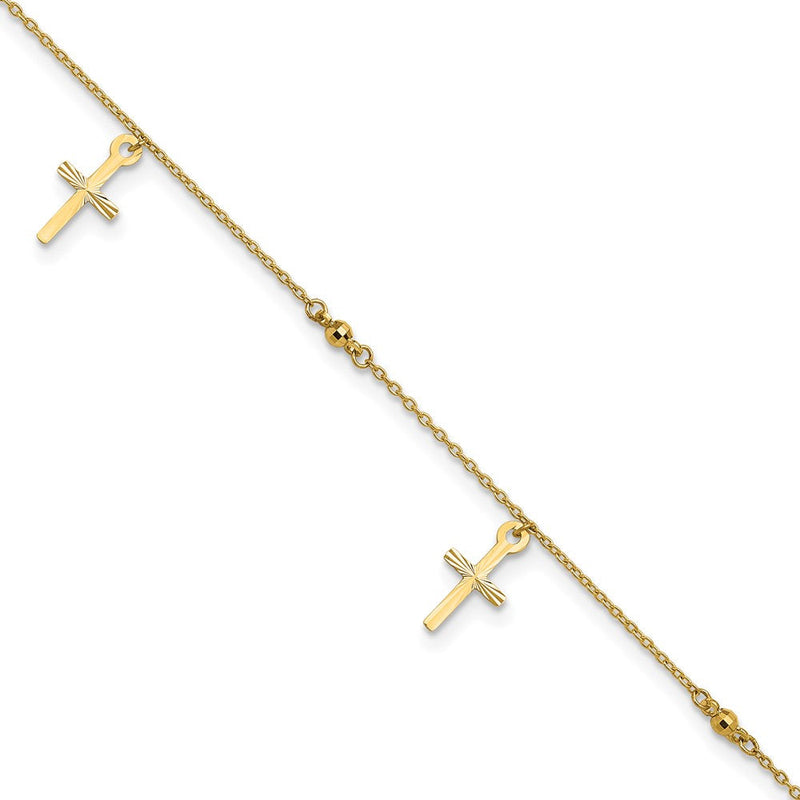 14K Gelbgold Poliert und Diamantiert Kreuz 9 Zoll Plus 1 Zoll Verlängerung. Fußkettchen