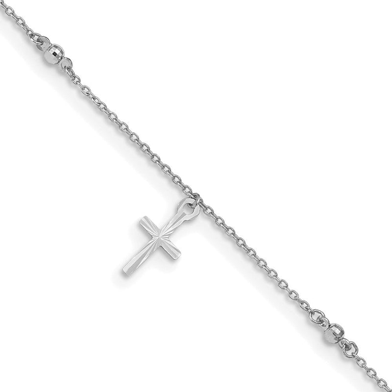 14K Weißgold Poliert und Diamantiert Kreuz 9 Zoll Plus 1 Zoll Verlängerung. Fußkettchen