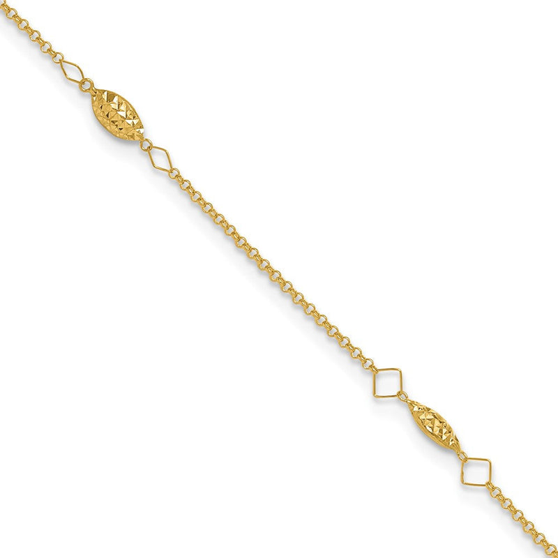 14K Gelbgold Kreis Kette Diamantiert Rice Puff Perlen 10 Zoll Plus 1 Zoll Verlängerung Fußkettchen