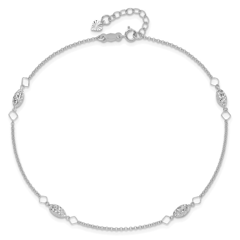 14K Weißgold Diamantiert Gewölbt Perlen 9 Zoll Plus1in Verlängerung Fußkettchen