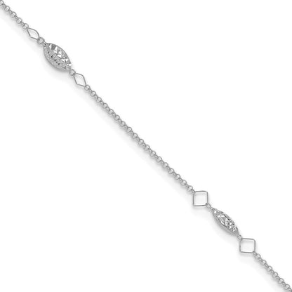 14K Weißgold Diamantiert Gewölbt Perlen 9 Zoll Plus1in Verlängerung Fußkettchen