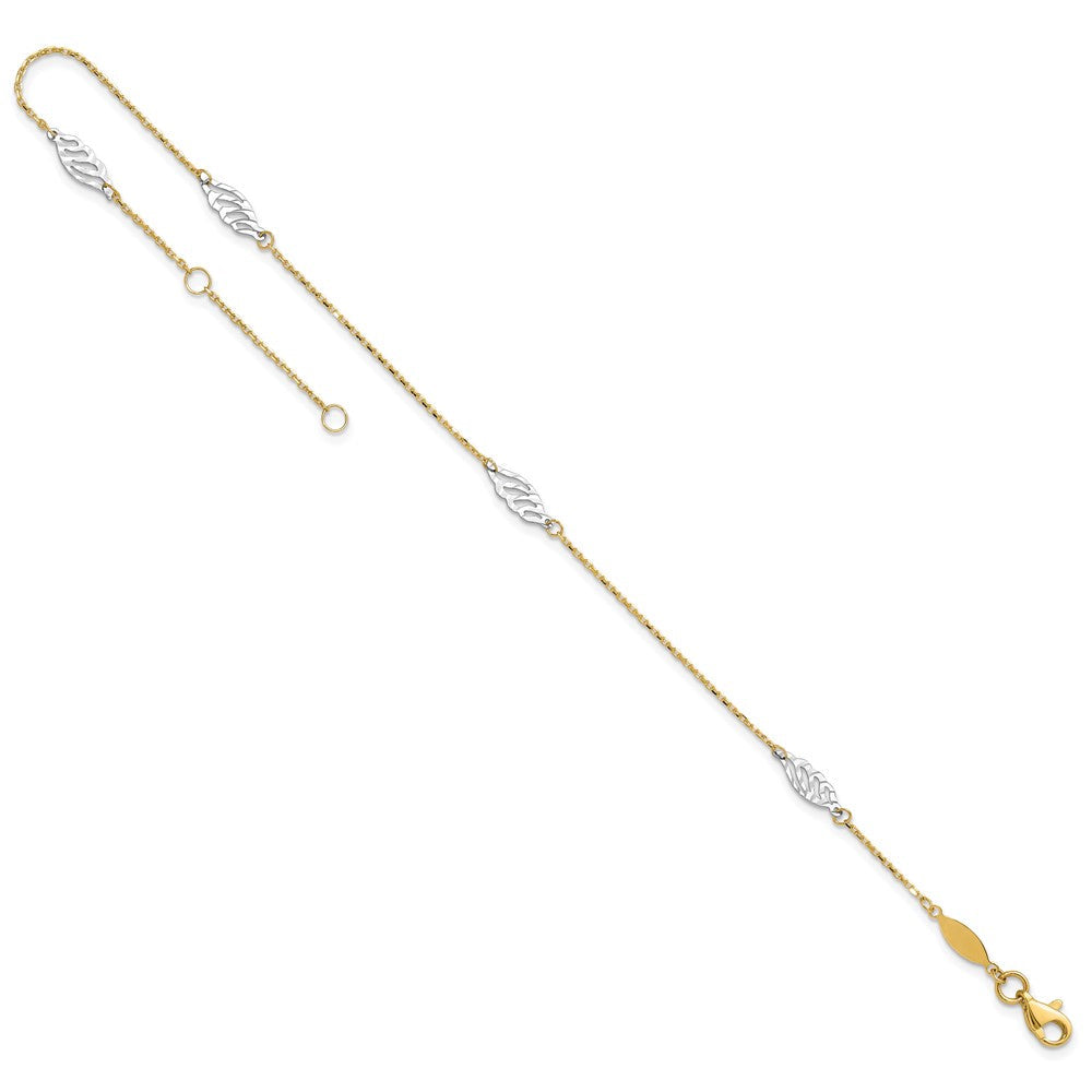 14K Bicolor Diamantiert Poliert Blatt 9 Zoll Plus 1 Zoll Verlängerung. Fußkettchen