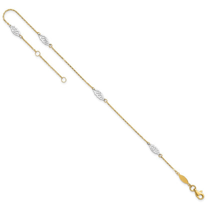 14K Bicolor Diamantiert Poliert Blatt 9 Zoll Plus 1 Zoll Verlängerung. Fußkettchen