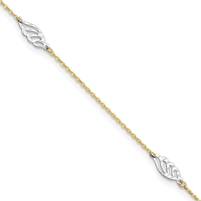 14K Bicolor Diamantiert Poliert Blatt 9 Zoll Plus 1 Zoll Verlängerung. Fußkettchen