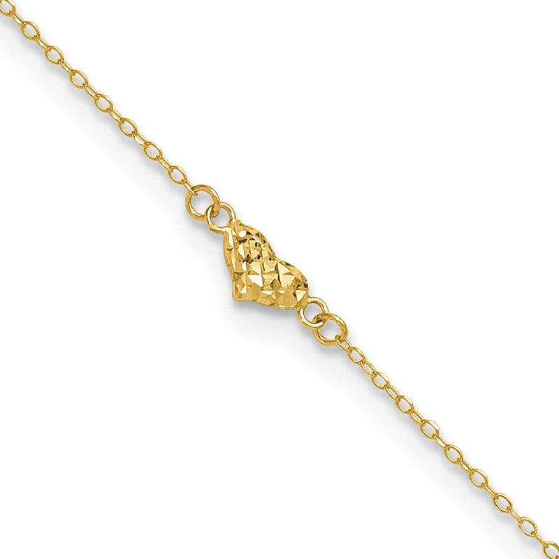 14K Gelbgold Poliert Diamantiert Dreifach Gewölbt Herzen 10 Zoll Plus 1 Zoll. Verlängerung. Fußkettchen
