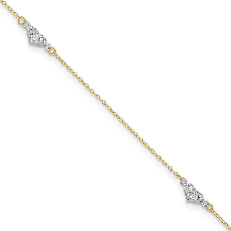14K Bicolor Poliert Diamantiert Dreifach Herzen 9 Zoll mit 1 Zoll. Verlängerung. Fußkettchen