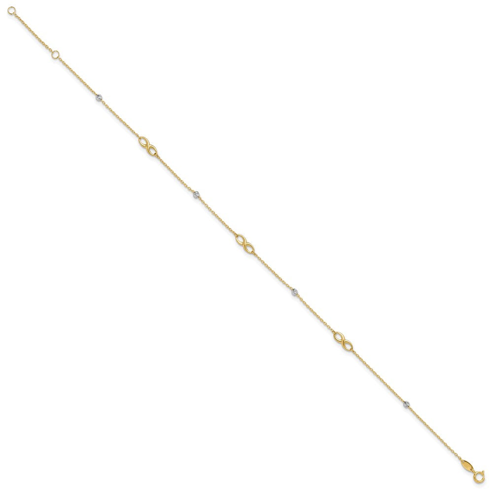 14K Bicolor Diamantiert Perlen und Unendlichkeit 10 Zoll Plus 1 Zoll Verlängerung. Fußkettchen