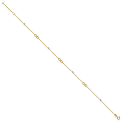 14K Bicolor Diamantiert Perlen und Unendlichkeit 10 Zoll Plus 1 Zoll Verlängerung. Fußkettchen