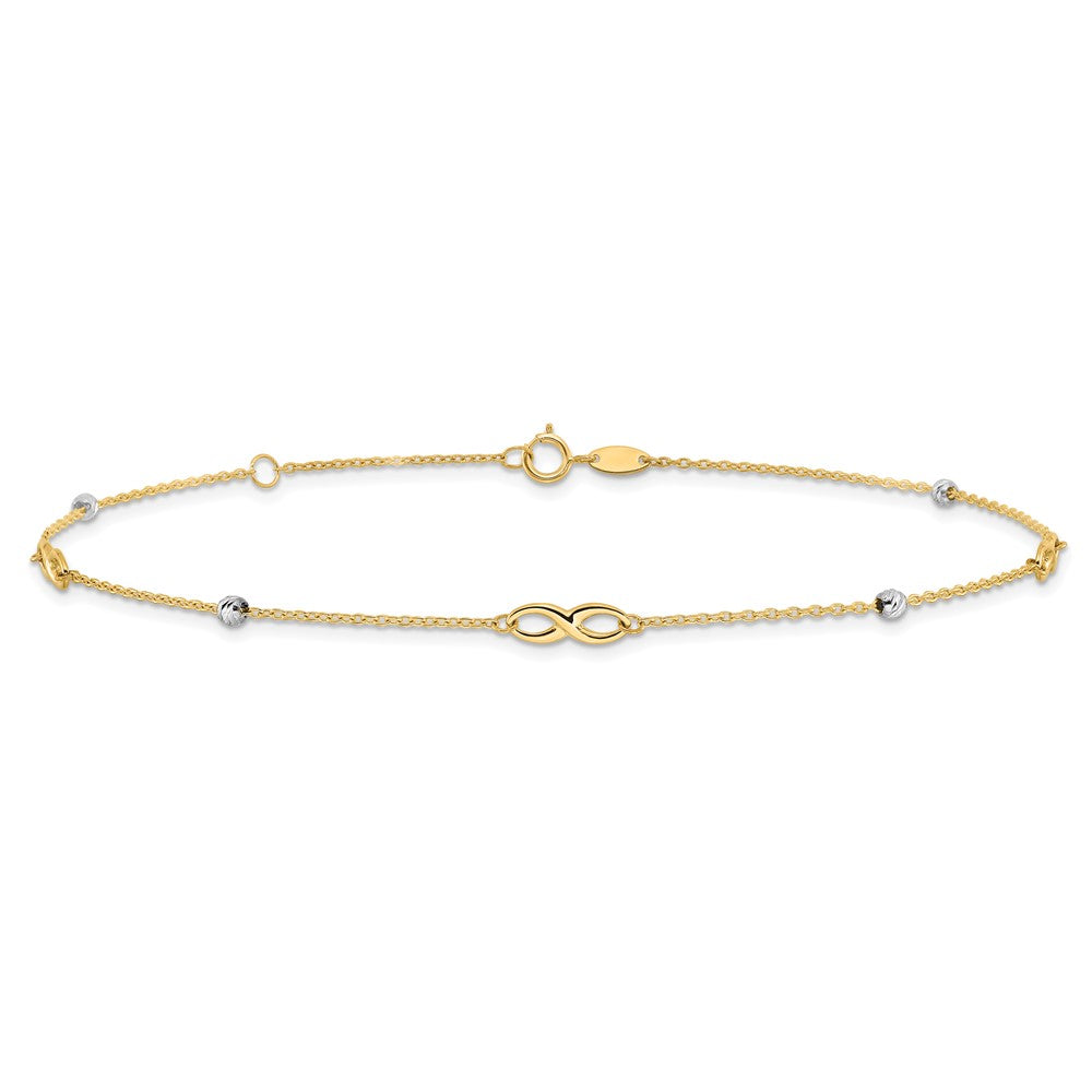 14K Bicolor Diamantiert Perlen und Unendlichkeit 10 Zoll Plus 1 Zoll Verlängerung. Fußkettchen