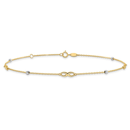 14K Bicolor Diamantiert Perlen und Unendlichkeit 10 Zoll Plus 1 Zoll Verlängerung. Fußkettchen