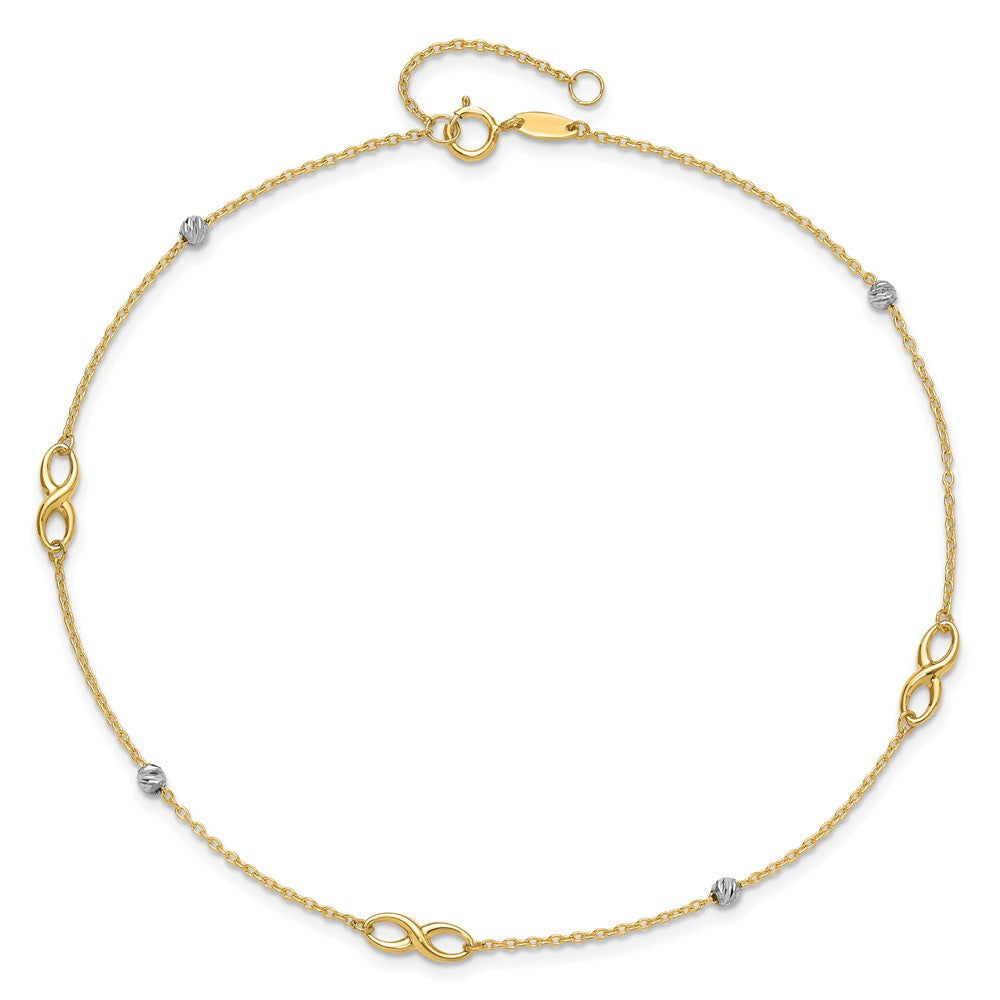 14K Bicolor Diamantiert Perlen und Unendlichkeit 10 Zoll Plus 1 Zoll Verlängerung. Fußkettchen