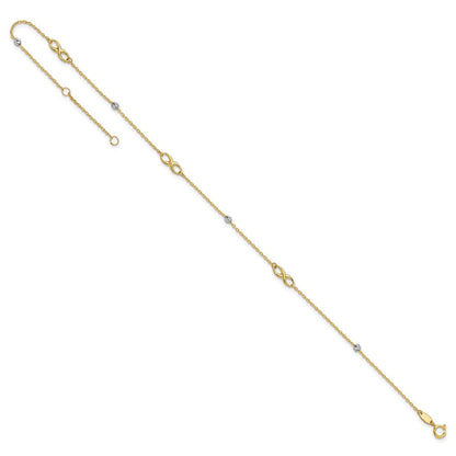 14K Bicolor Diamantiert Perlen und Unendlichkeit 10 Zoll Plus 1 Zoll Verlängerung. Fußkettchen