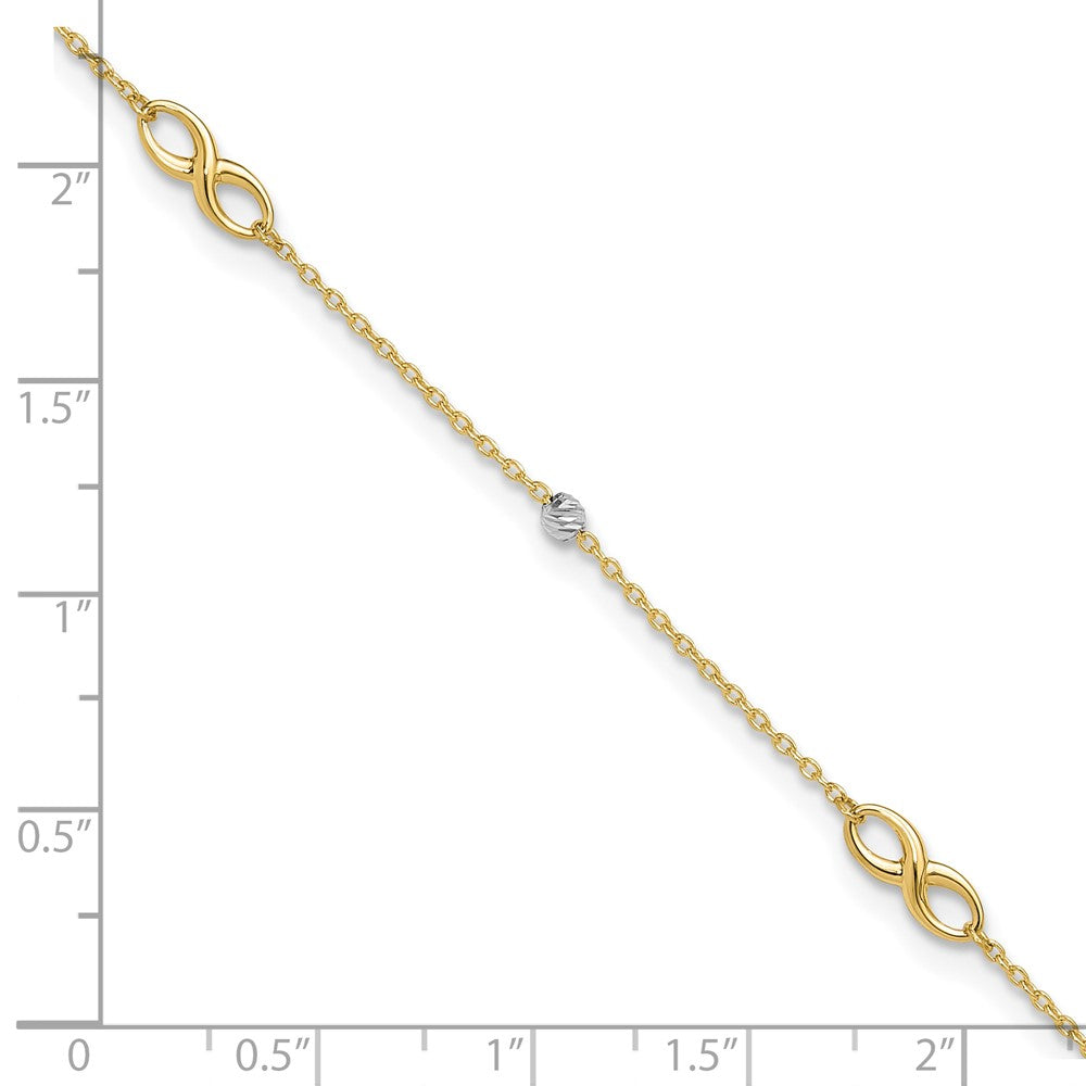 14K Bicolor Diamantiert Perlen und Unendlichkeit 10 Zoll Plus 1 Zoll Verlängerung. Fußkettchen