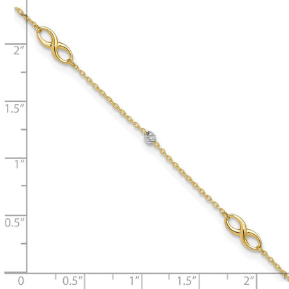 14K Bicolor Diamantiert Perlen und Unendlichkeit 10 Zoll Plus 1 Zoll Verlängerung. Fußkettchen