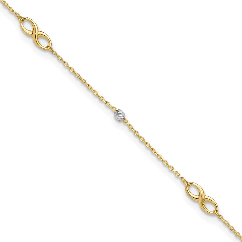 14K Bicolor Diamantiert Perlen und Unendlichkeit 10 Zoll Plus 1 Zoll Verlängerung. Fußkettchen